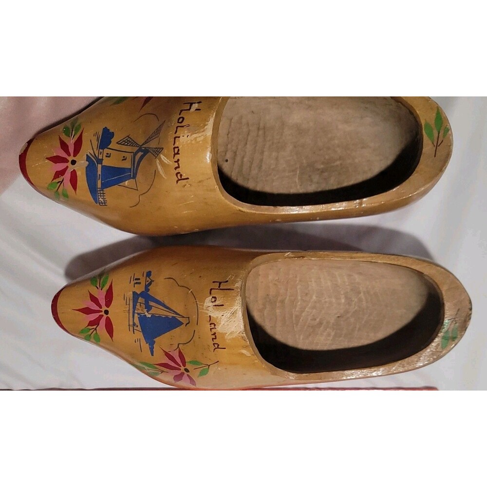 Holland Wooden Clogs Hand Painted Dutch Klompen Windmill Sailboat Folk Art 11"